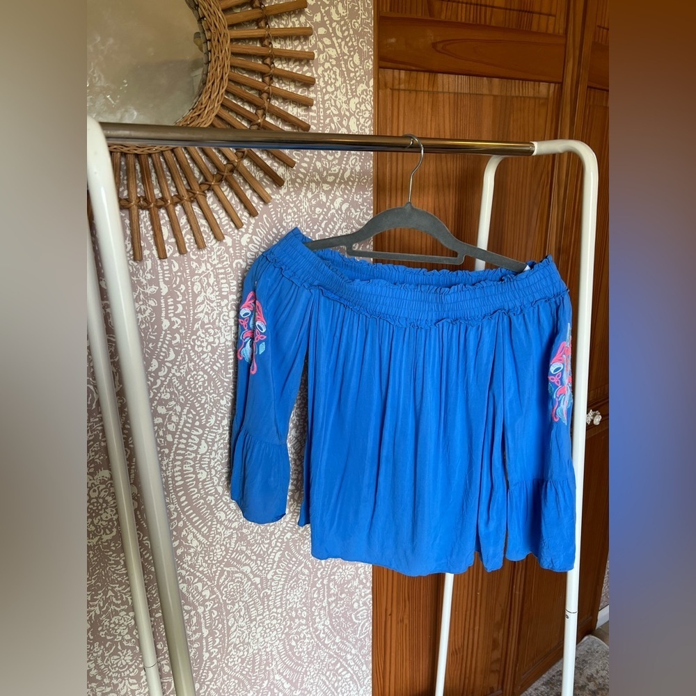 Lilly Pulitzer Moira‎ Off the Shoulder Blue Top with Embroidered Bell Sleeves